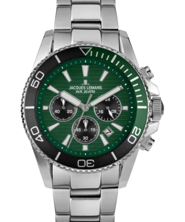 Ανδρικό ρολόι Jacques Lemans chronograph με πράσινο καντράν και ατσάλινο μπρασελέ