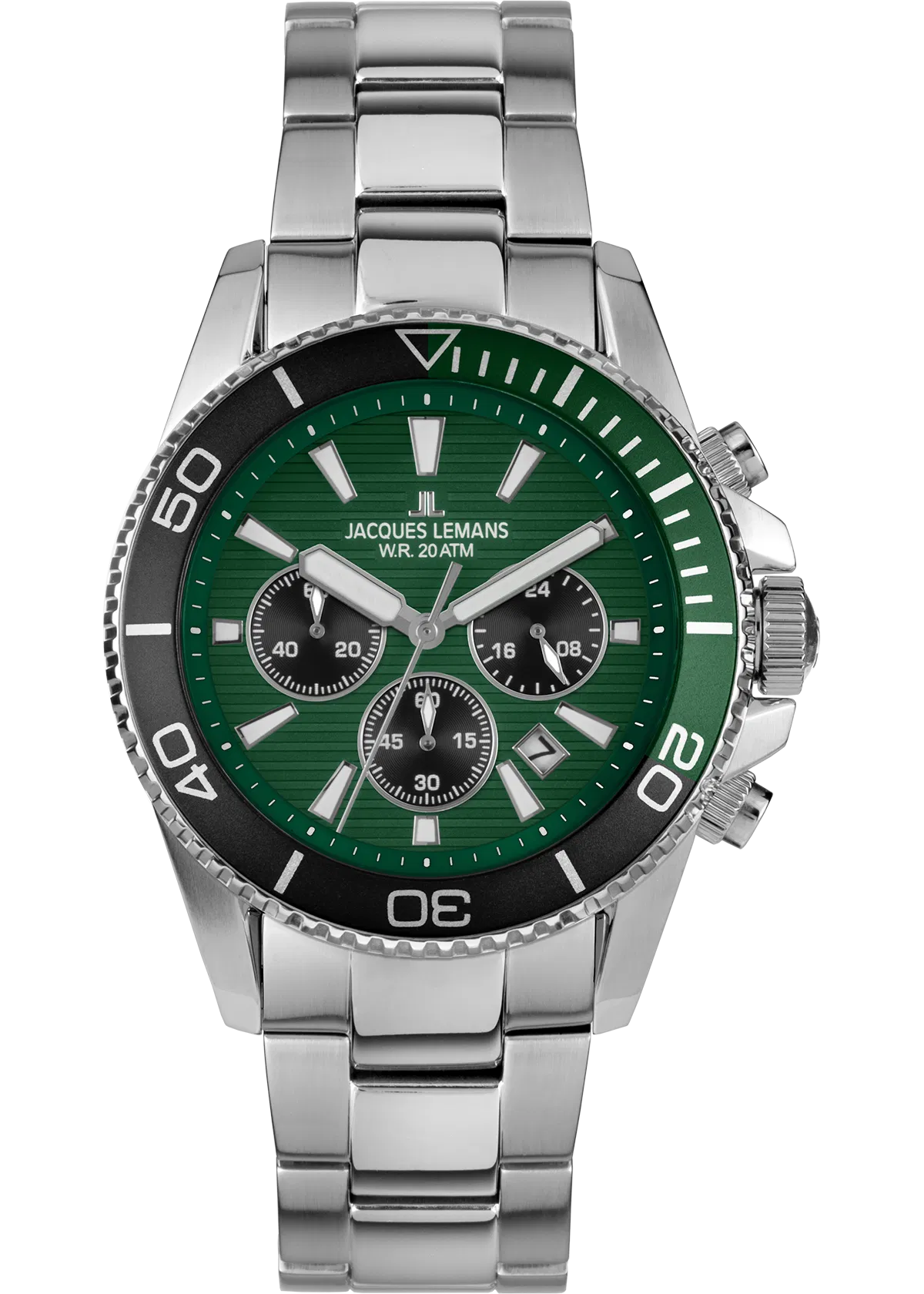 Ανδρικό ρολόι Jacques Lemans chronograph με πράσινο καντράν και ατσάλινο μπρασελέ