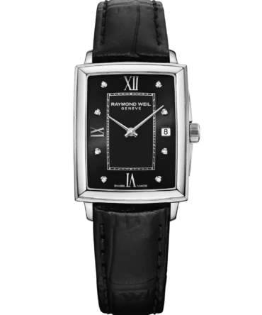 Ρολόι Raymond Weil με ορθογώνια ασημί κάσα, μαύρο καντράν με διαμάντια και μαύρο δερμάτινο λουράκι